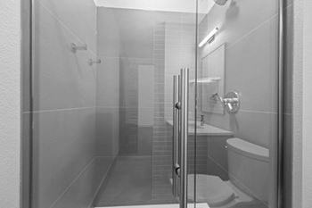 A bathroom with a toilet, sink, and shower.